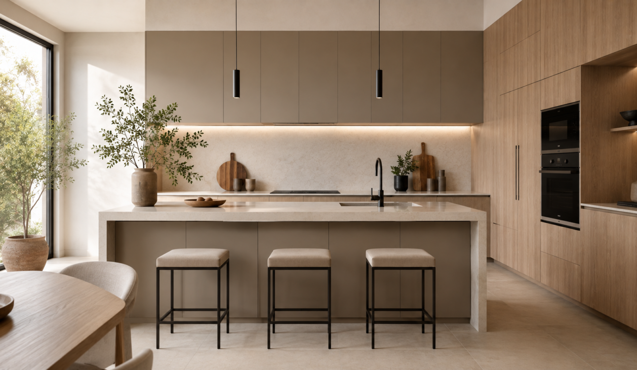 Cocina moderna con isla, gabinetes de madera clara y tonos neutros, tendencias 2026