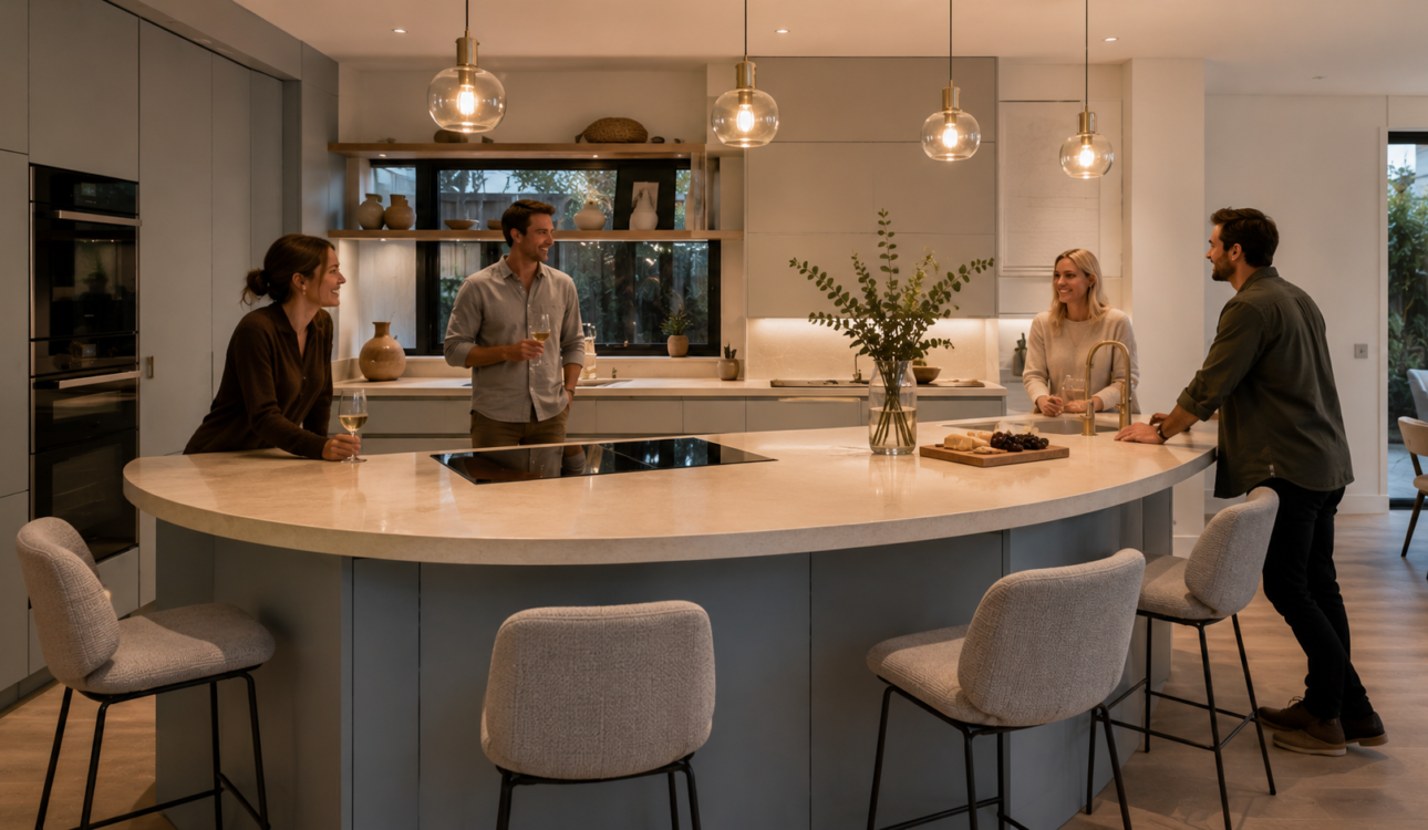 Isla de cocina curva con placa integrada, gabinetes azul grisáceo y personas conviviendo