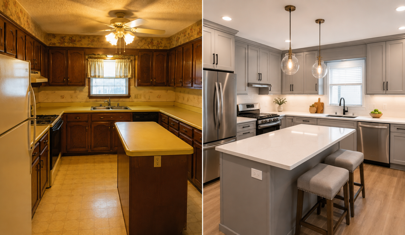Comparación antes y después de remodelación de cocina, de estilo anticuado a moderno