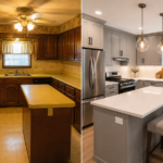 Comparación antes y después de remodelación de cocina, de estilo anticuado a moderno
