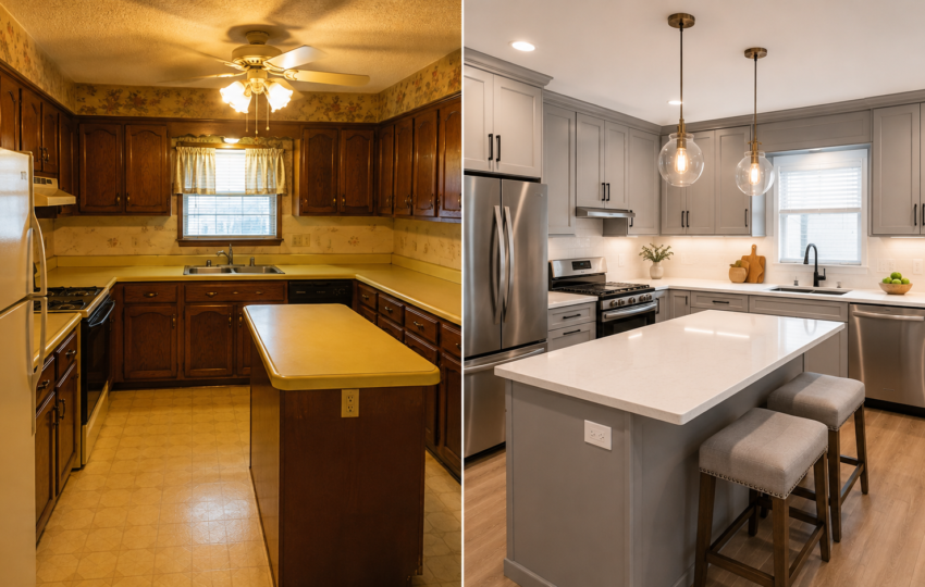 Comparación antes y después de remodelación de cocina, de estilo anticuado a moderno