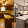 Comparación antes y después de remodelación de cocina, de estilo anticuado a moderno
