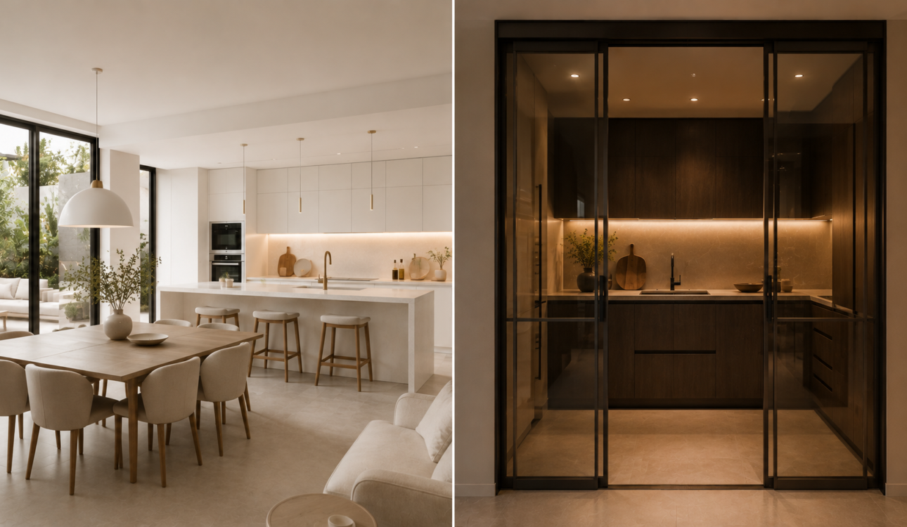 Comparación de cocina abierta blanca integrada al comedor y cocina cerrada en tono oscuro con puerta de cristal