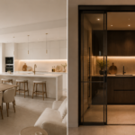 Comparación de cocina abierta blanca integrada al comedor y cocina cerrada en tono oscuro con puerta de cristal