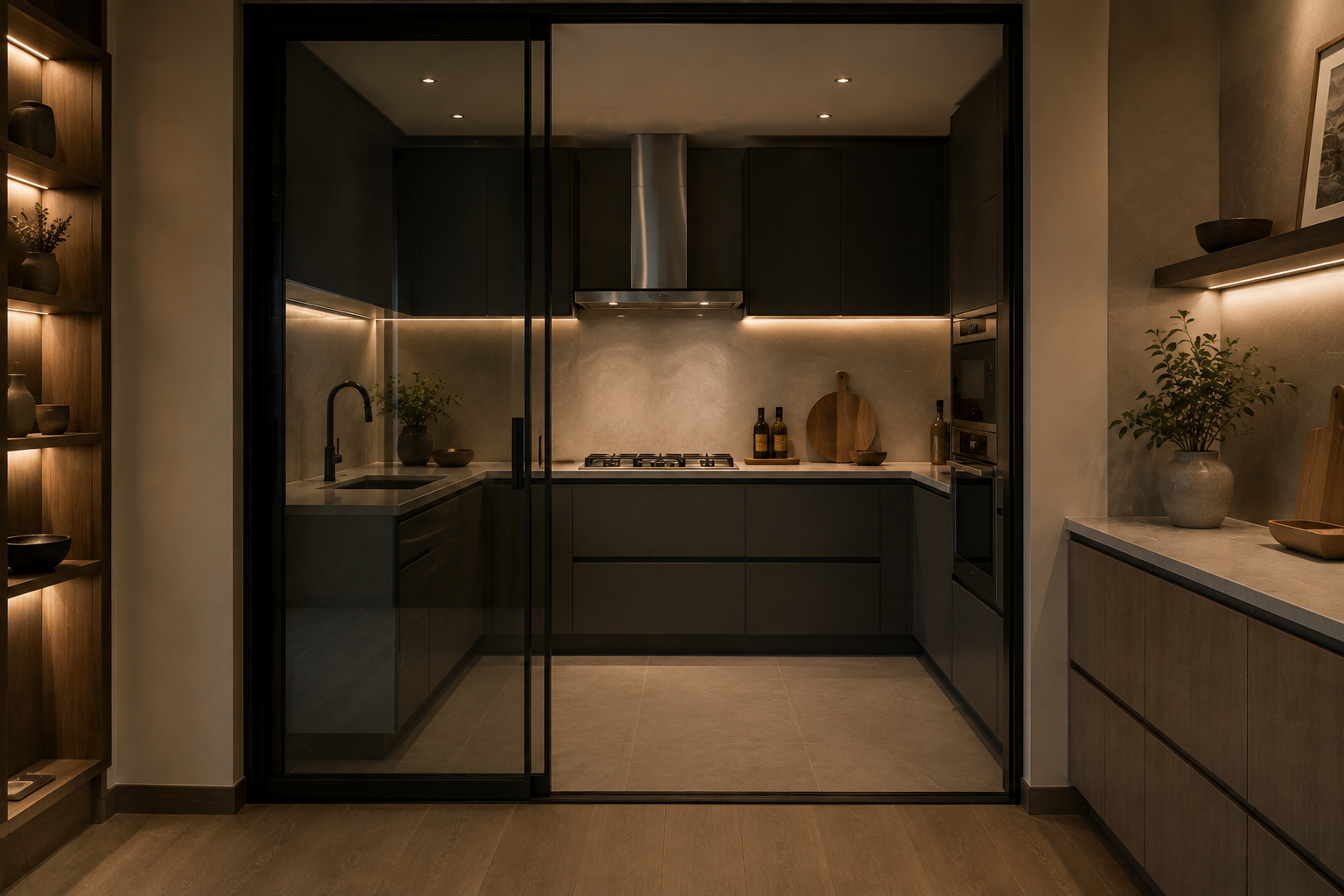 Cocina cerrada en tono grafito vista a través de puerta corrediza de cristal