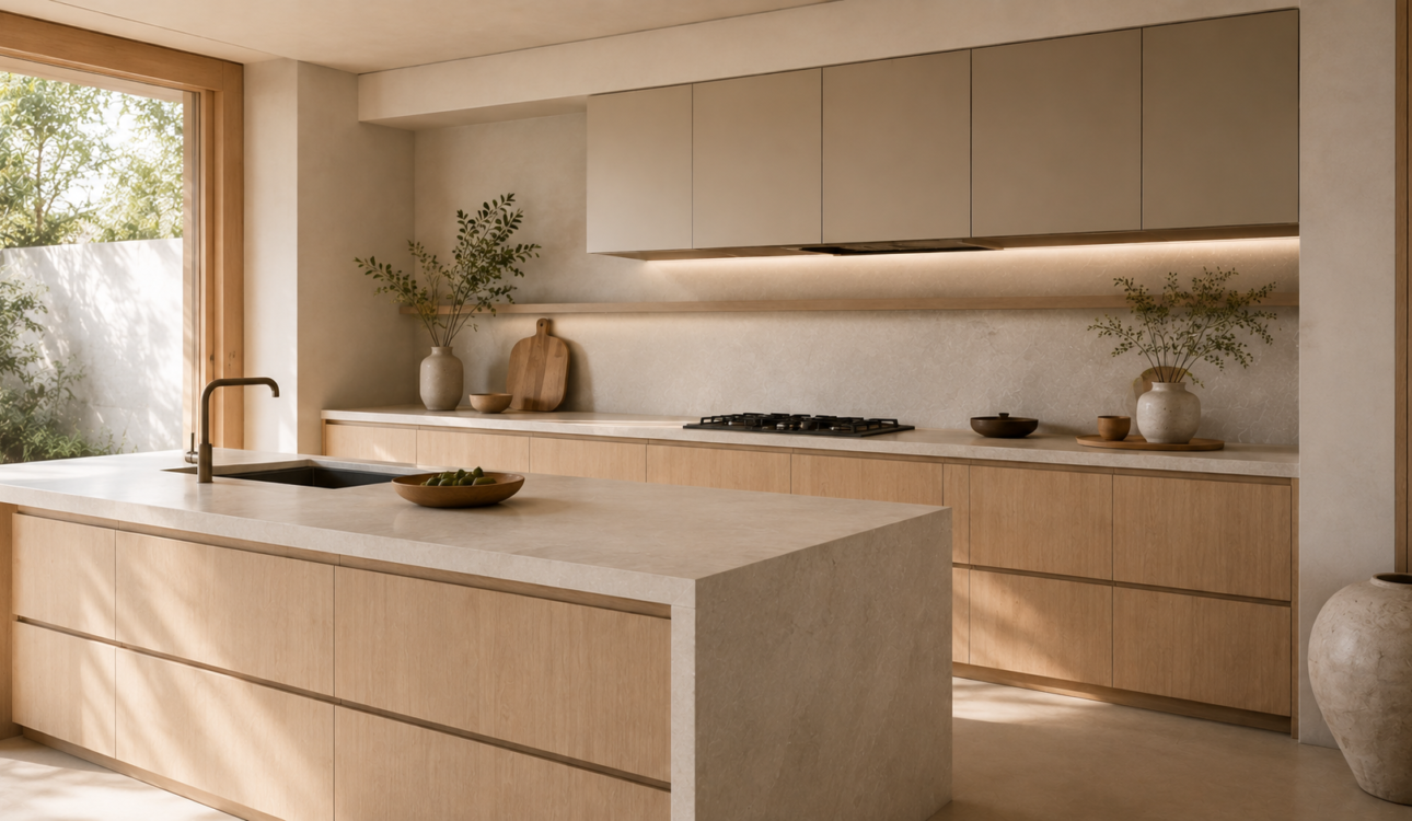 Cocina estilo Japandi con gabinetes de madera clara, encimera de piedra y tonos neutros