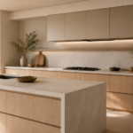 Cocina estilo Japandi con gabinetes de madera clara, encimera de piedra y tonos neutros