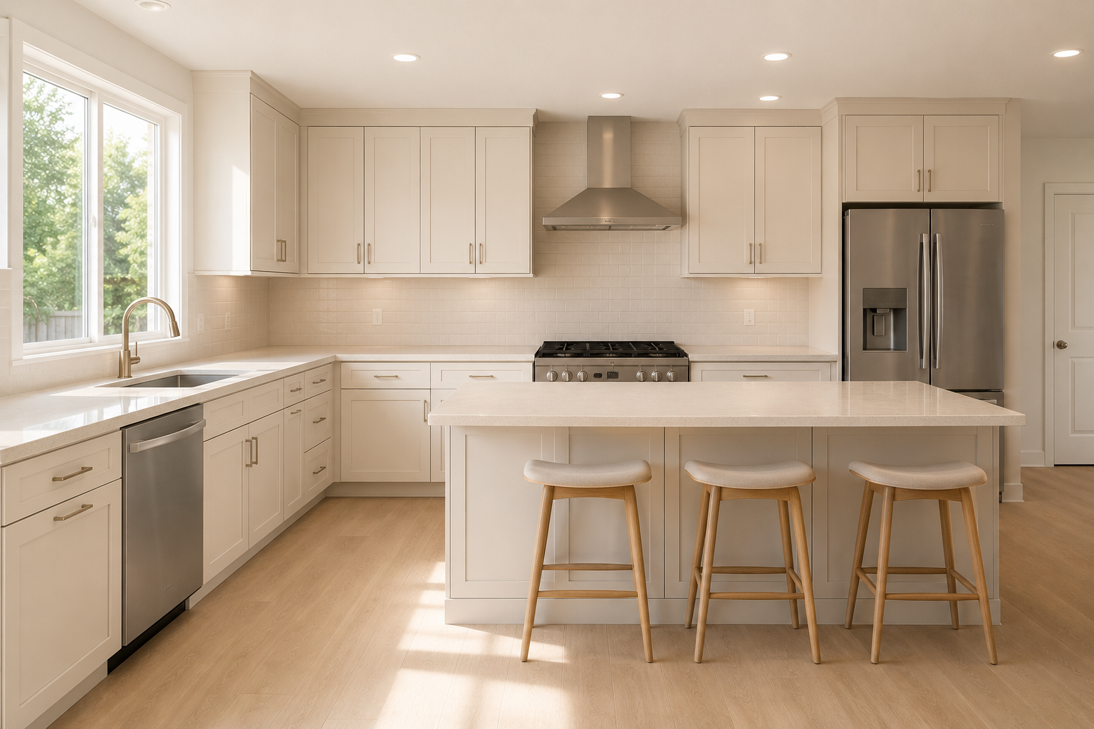 Cocina remodelada con diseño neutro y atemporal en tonos claros