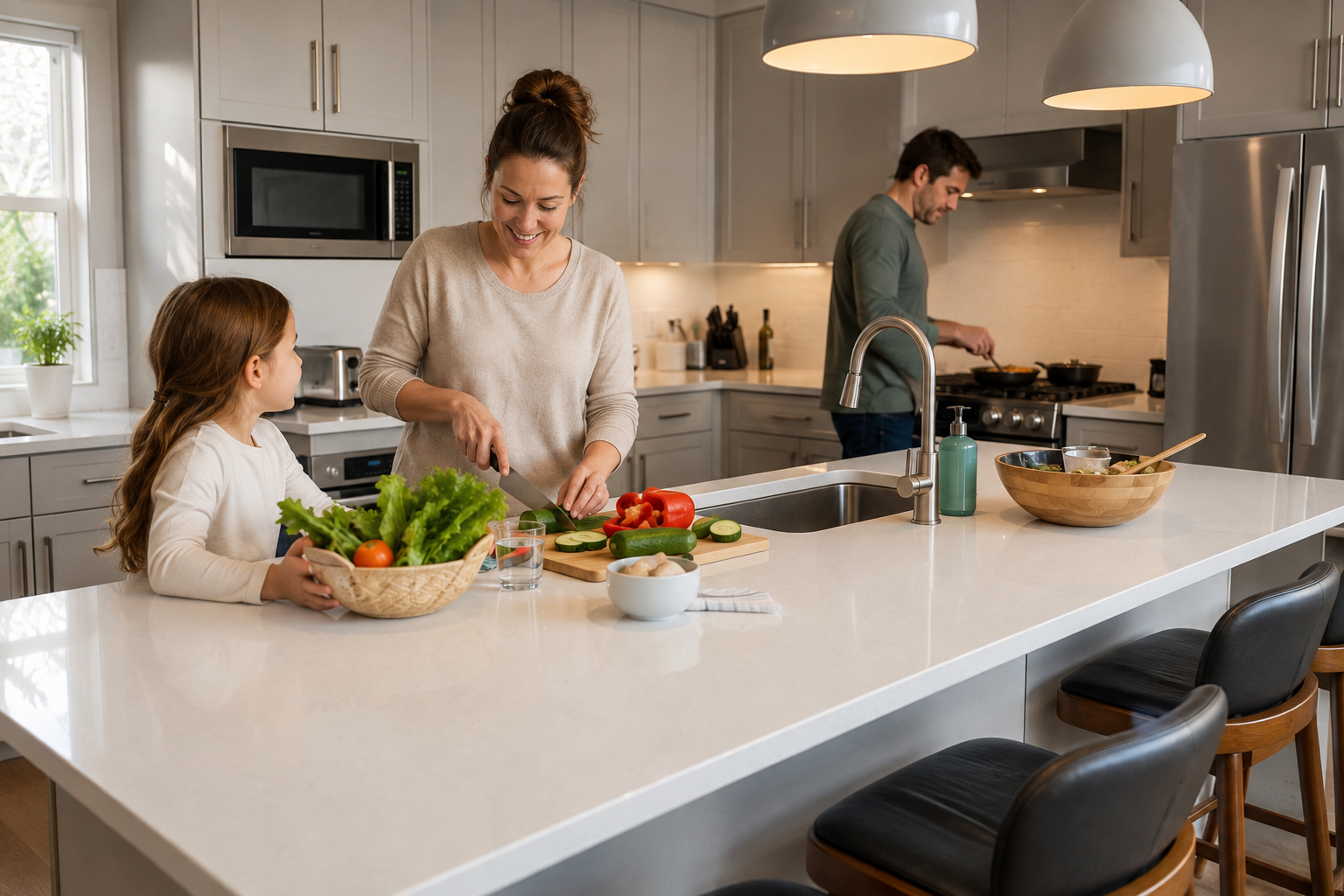Cocina familiar con encimera de cuarzo blanco uniforme, uso diario