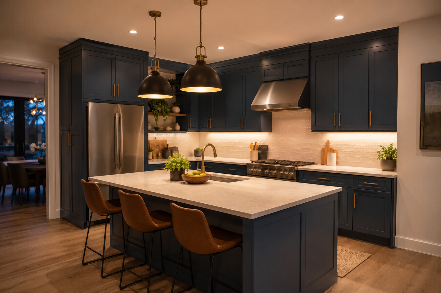 Cocina con iluminación por capas, gabinetes azul marino y acabados dorados
