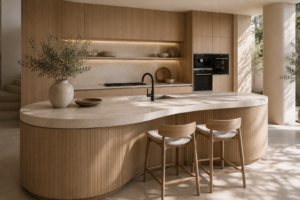 Isla de cocina con diseño curvo, encimera clara y gabinetes de madera