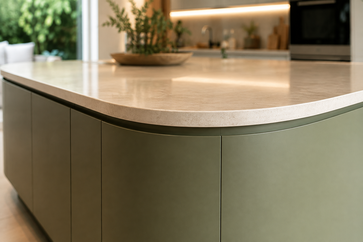 Detalle de borde curvo en isla de cocina con base verde salvia