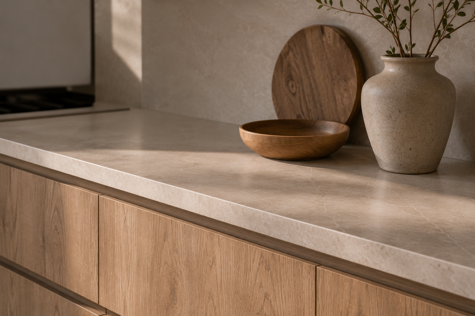 Cajones de cocina organizados con almacenamiento oculto, estilo Japandi