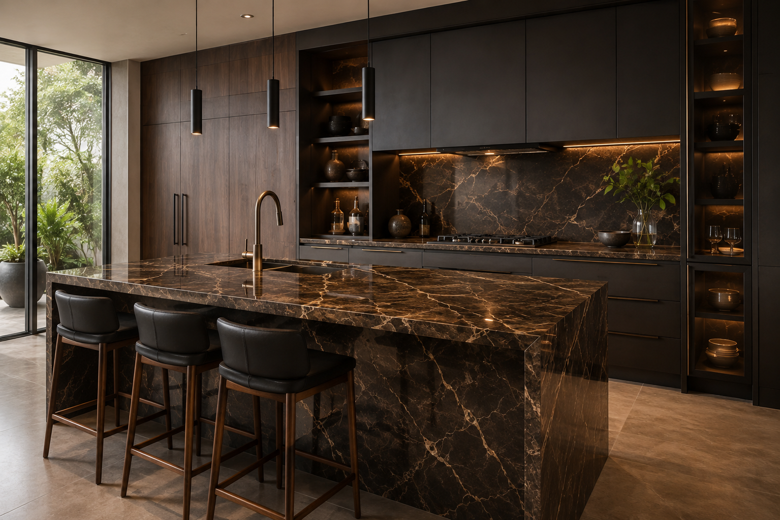 Isla de cocina con mármol oscuro y vetas doradas, ambiente elegante