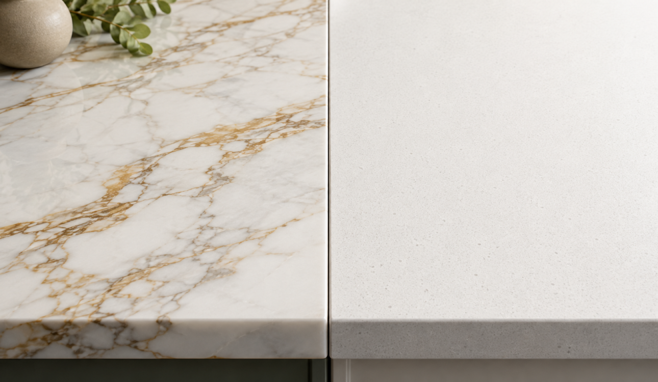 Comparación de encimera de mármol Calacatta con vetas doradas y encimera de cuarzo blanco uniforme