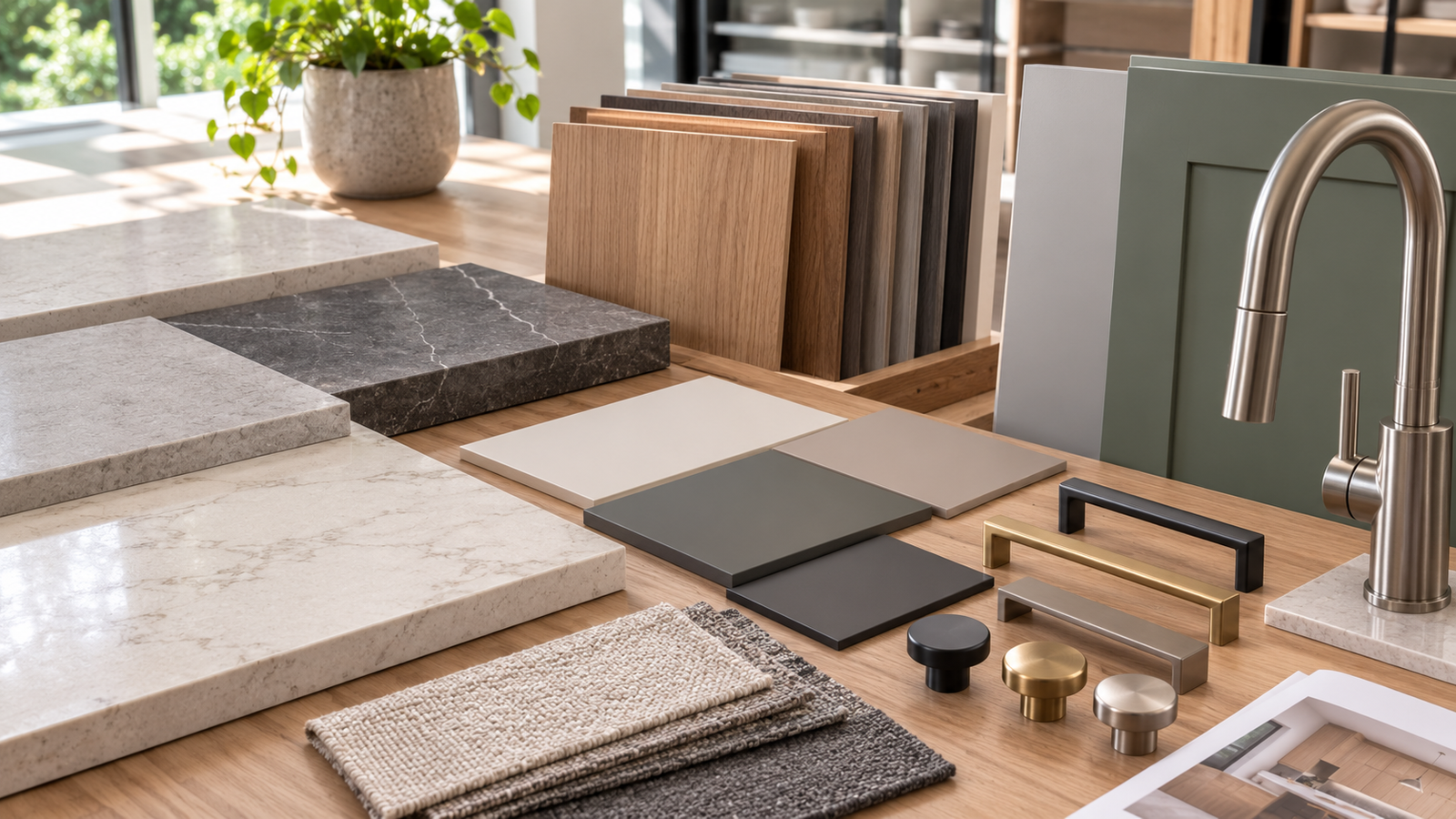 Muestras de materiales para remodelación de cocina: encimeras, madera, herrajes