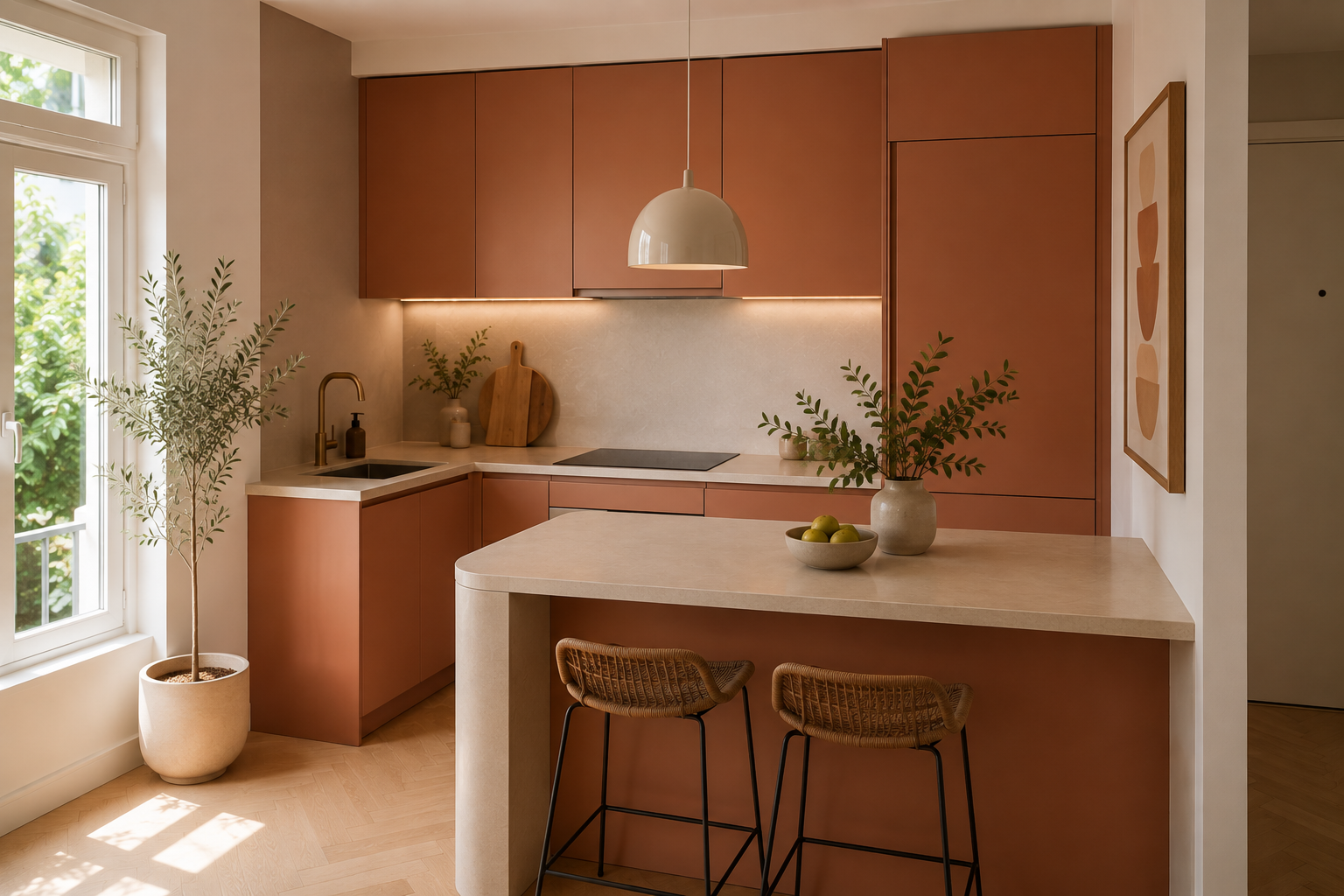 Cocina compacta con península en tono terracota y zona de desayuno