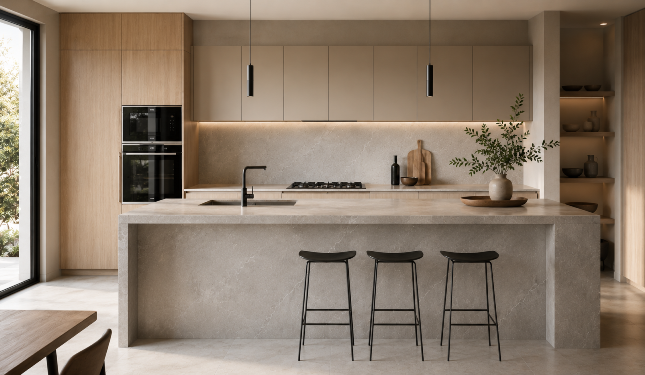 Cocina moderna con isla de porcelánico gris piedra y gabinetes de madera clara