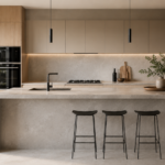 Cocina moderna con isla de porcelánico gris piedra y gabinetes de madera clara