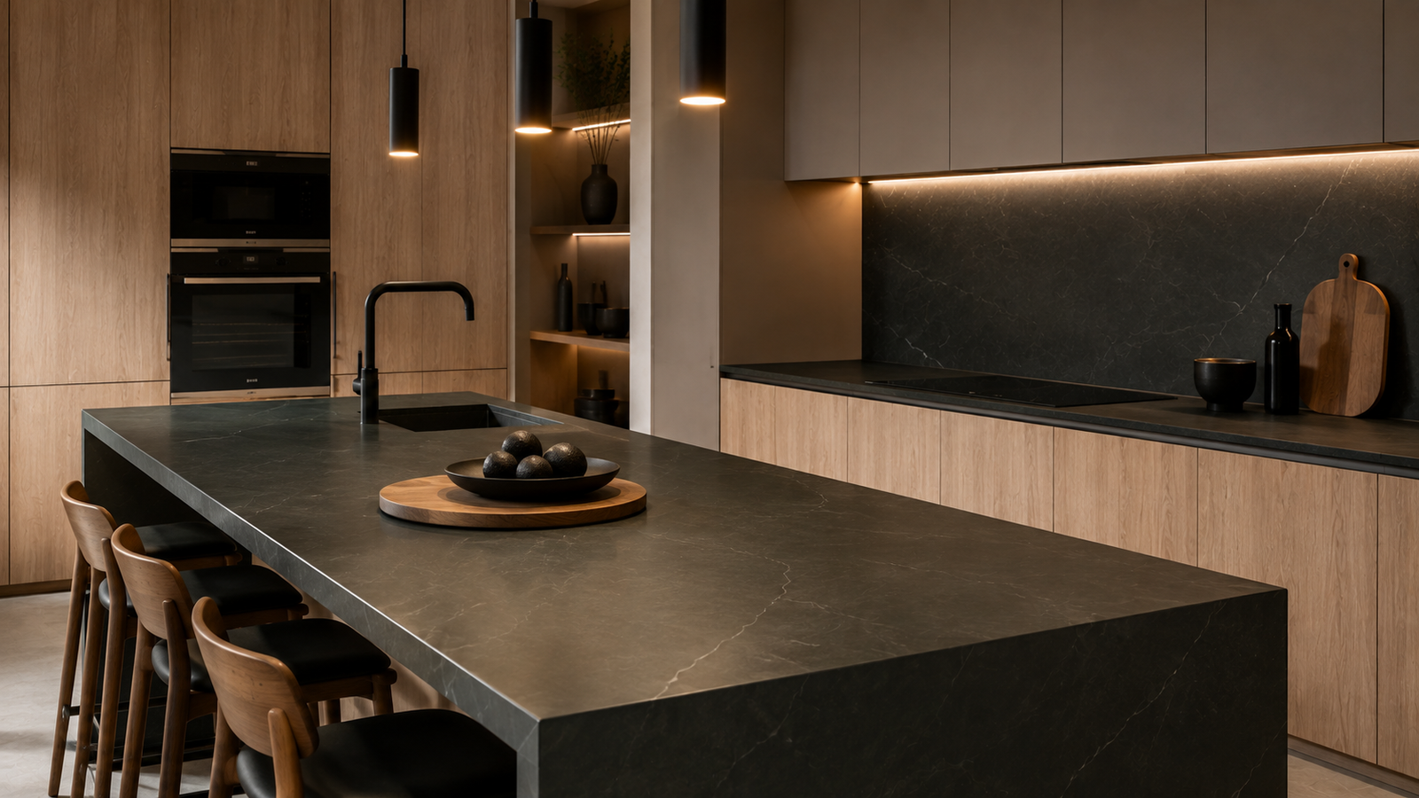 Isla de cocina con encimera de porcelánico negro con vetas y gabinetes de madera