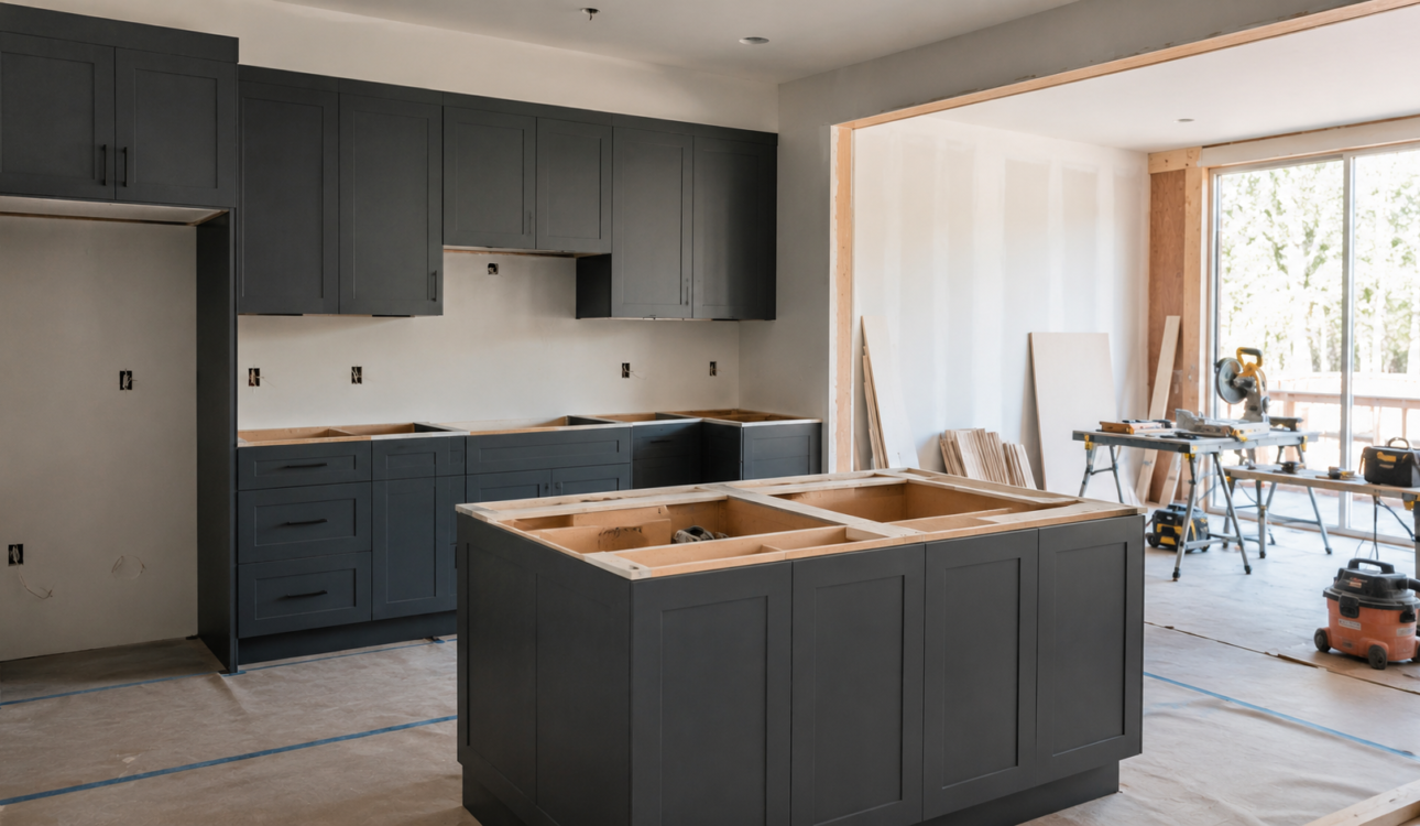 Cocina en proceso de remodelación con gabinetes instalados y zona de trabajo organizada