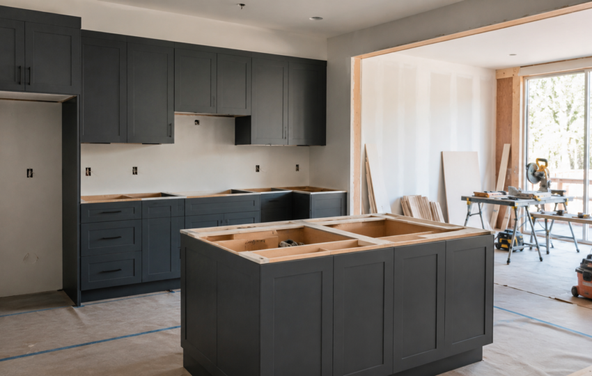 Cocina en proceso de remodelación con gabinetes instalados y zona de trabajo organizada