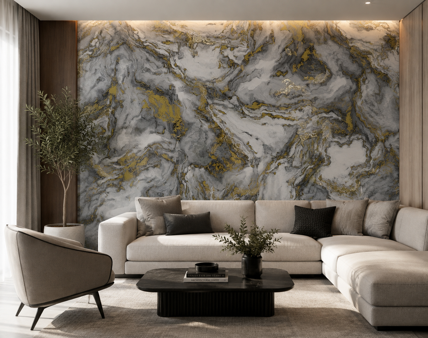 Panel decorativo de muro Skinwall efecto mármol gris con vetas doradas — sala de estar, Versetto